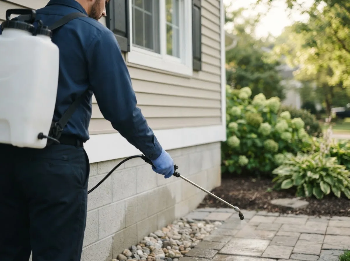 Pest control technician inspecting a home in Kirtland, NM